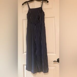 Old Navy Blue and White Striped Jumpsuit adjustable straps, pockets, capri style